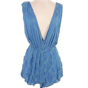 Mia Marcell 100% Rayon Cornflower Blue Plunge Deep V Eyelet Romper POCKETS S